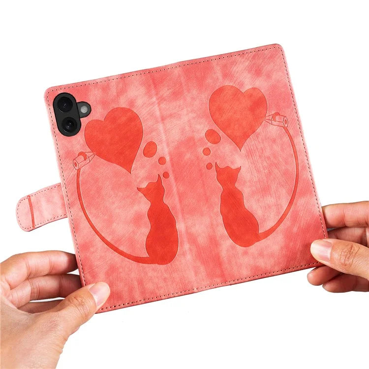 For iPhone 16 Plus Case Heart Cat Folding Stand PU Leather Phone Cover
