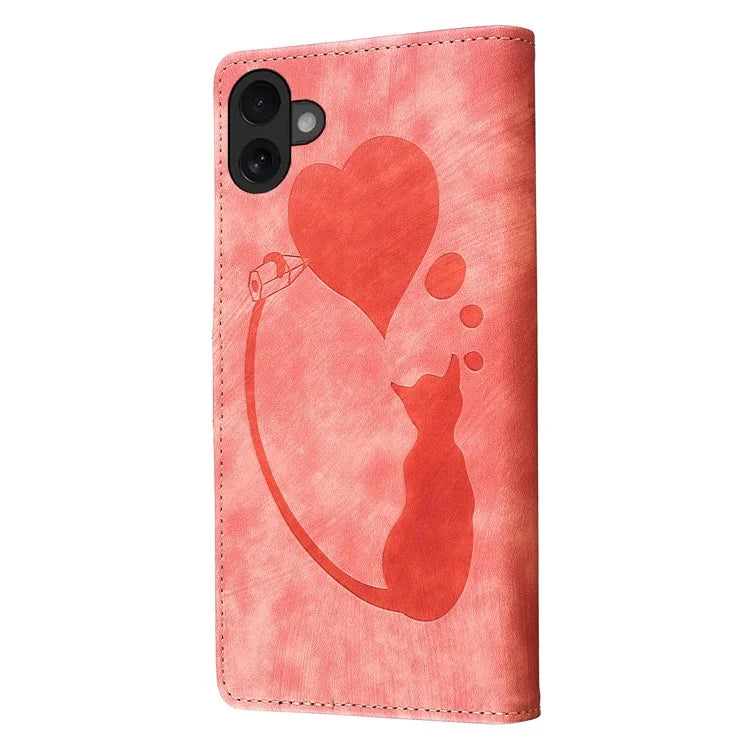 For iPhone 16 Plus Case Heart Cat Folding Stand PU Leather Phone Cover