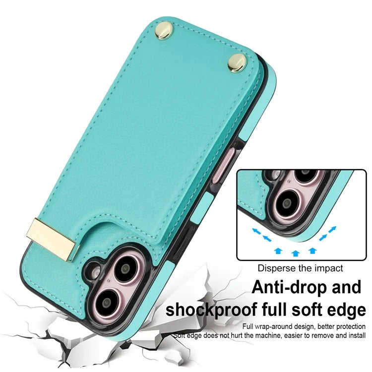 For iPhone 16 Plus Case TPU+PU Leather Hardware Decor Phone Cover with Card Holder