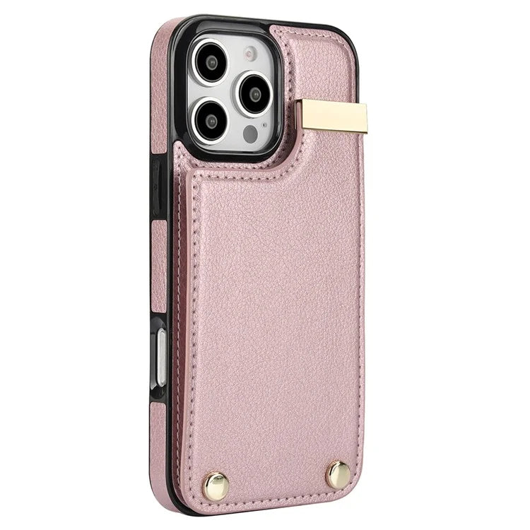 For iPhone 16 Pro Max Case TPU+PU Leather Hardware Decor Phone Cover with Card Holder