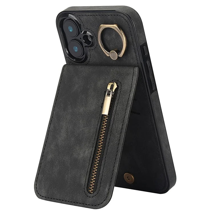 For iPhone 16 Case RFID Blocking Ring Kickstand Retro Leather+TPU Anti-Fall Phone Cover