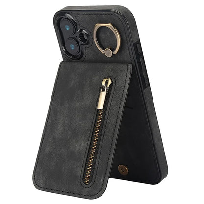 For iPhone 16 Case RFID Blocking Ring Kickstand Retro Leather+TPU Anti-Fall Phone Cover