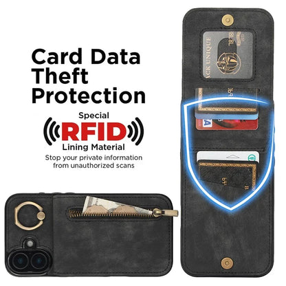 For iPhone 16 Case RFID Blocking Ring Kickstand Retro Leather+TPU Anti-Fall Phone Cover