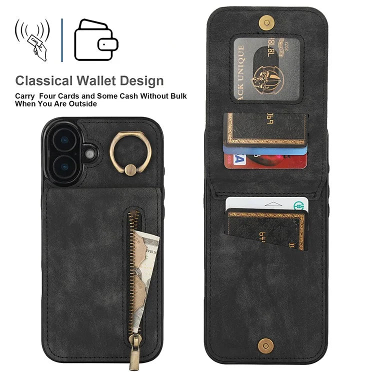 For iPhone 16 Case RFID Blocking Ring Kickstand Retro Leather+TPU Anti-Fall Phone Cover