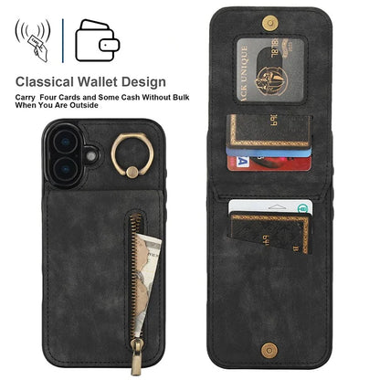 For iPhone 16 Case RFID Blocking Ring Kickstand Retro Leather+TPU Anti-Fall Phone Cover