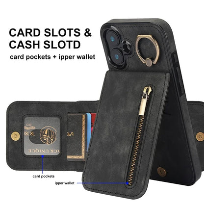 For iPhone 16 Case RFID Blocking Ring Kickstand Retro Leather+TPU Anti-Fall Phone Cover
