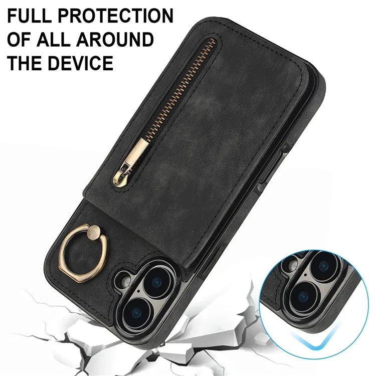 For iPhone 16 Case RFID Blocking Ring Kickstand Retro Leather+TPU Anti-Fall Phone Cover