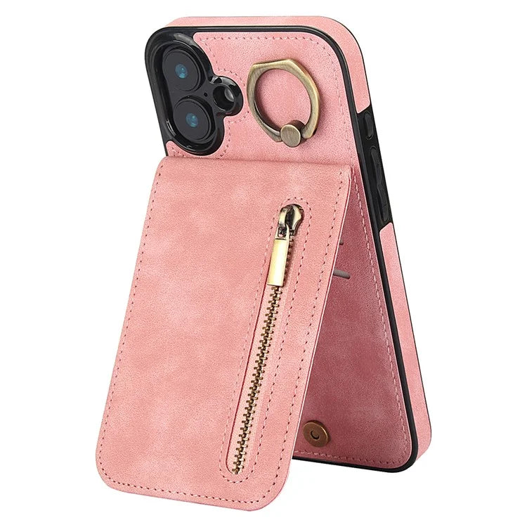 For iPhone 16 Case RFID Blocking Ring Kickstand Retro Leather+TPU Anti-Fall Phone Cover