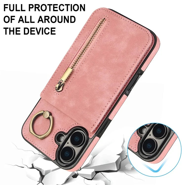 For iPhone 16 Case RFID Blocking Ring Kickstand Retro Leather+TPU Anti-Fall Phone Cover