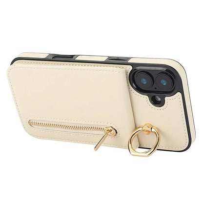 For iPhone 16 Case RFID Blocking Ring Kickstand Retro Leather+TPU Anti-Fall Phone Cover