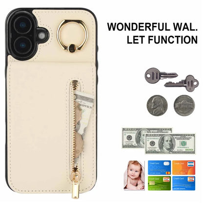 For iPhone 16 Case RFID Blocking Ring Kickstand Retro Leather+TPU Anti-Fall Phone Cover