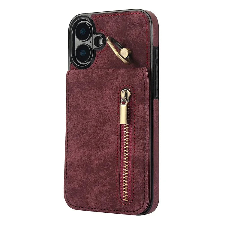 For iPhone 16 Case RFID Blocking Ring Kickstand Retro Leather+TPU Anti-Fall Phone Cover