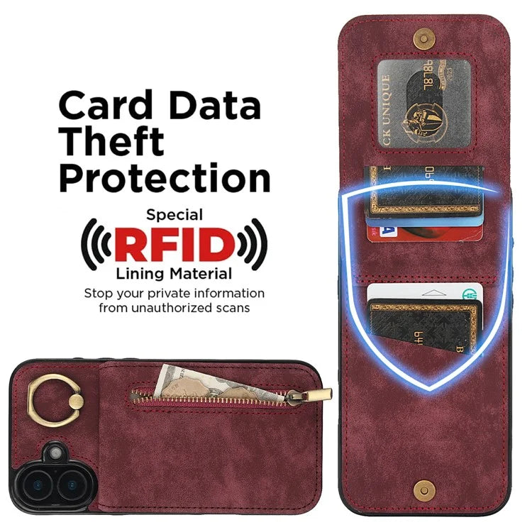 For iPhone 16 Case RFID Blocking Ring Kickstand Retro Leather+TPU Anti-Fall Phone Cover