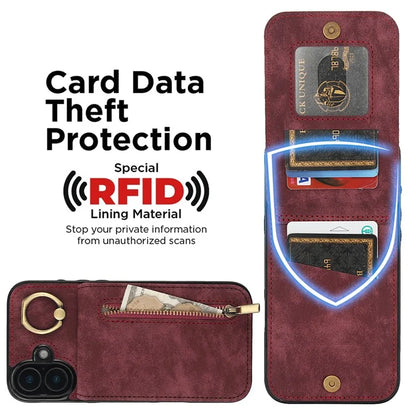 For iPhone 16 Case RFID Blocking Ring Kickstand Retro Leather+TPU Anti-Fall Phone Cover