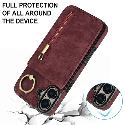 For iPhone 16 Case RFID Blocking Ring Kickstand Retro Leather+TPU Anti-Fall Phone Cover