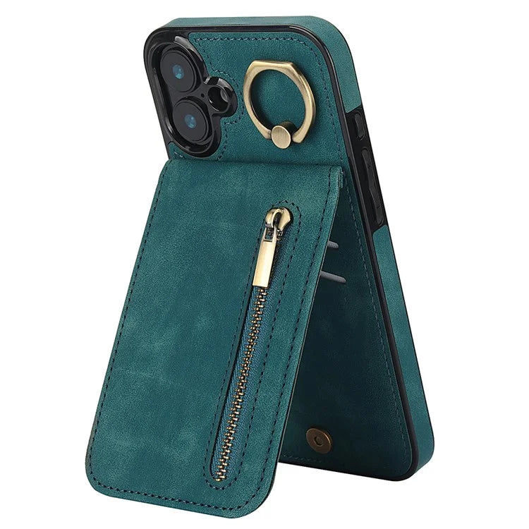 For iPhone 16 Case RFID Blocking Ring Kickstand Retro Leather+TPU Anti-Fall Phone Cover