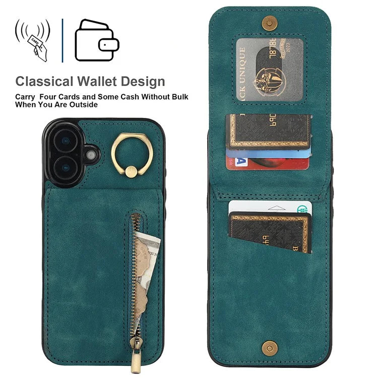 For iPhone 16 Case RFID Blocking Ring Kickstand Retro Leather+TPU Anti-Fall Phone Cover