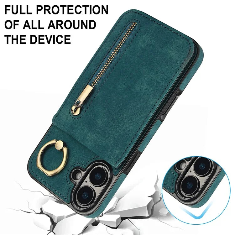 For iPhone 16 Case RFID Blocking Ring Kickstand Retro Leather+TPU Anti-Fall Phone Cover