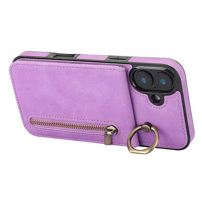 For iPhone 16 Case RFID Blocking Ring Kickstand Retro Leather+TPU Anti-Fall Phone Cover