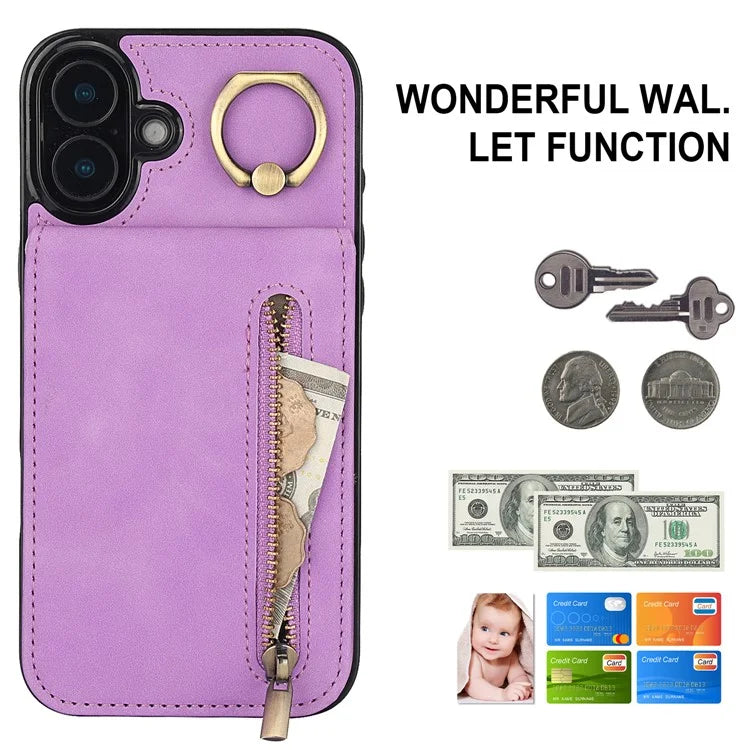 For iPhone 16 Case RFID Blocking Ring Kickstand Retro Leather+TPU Anti-Fall Phone Cover
