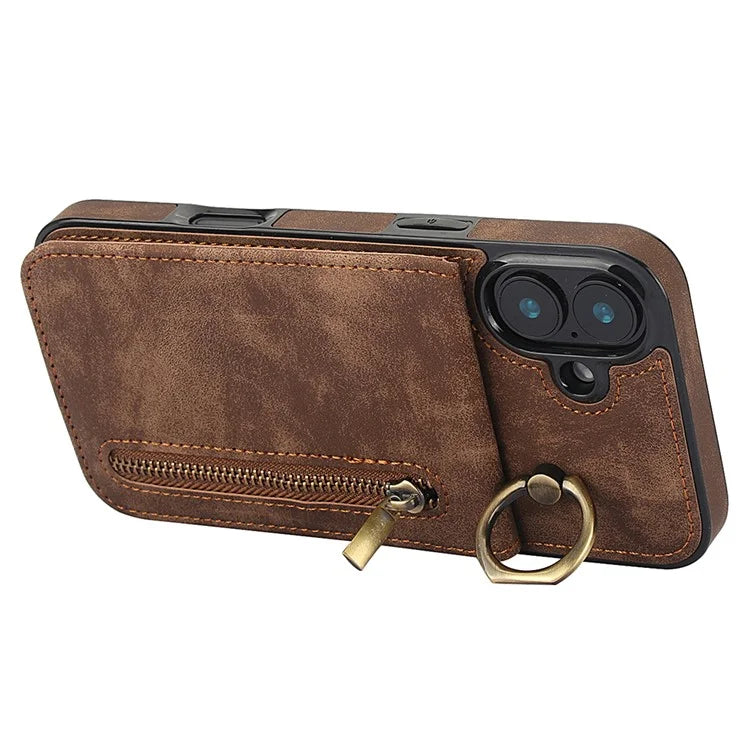 For iPhone 16 Case RFID Blocking Ring Kickstand Retro Leather+TPU Anti-Fall Phone Cover