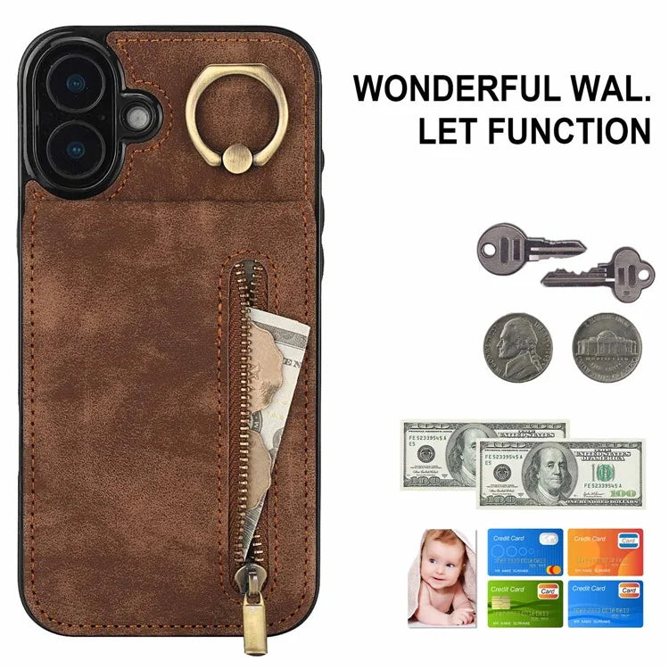 For iPhone 16 Case RFID Blocking Ring Kickstand Retro Leather+TPU Anti-Fall Phone Cover