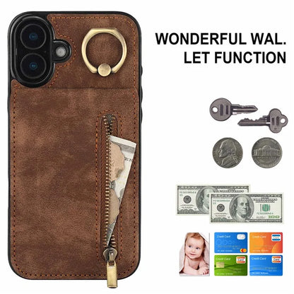For iPhone 16 Case RFID Blocking Ring Kickstand Retro Leather+TPU Anti-Fall Phone Cover