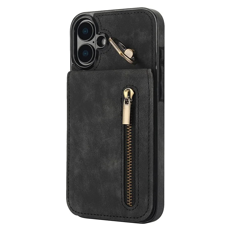 For iPhone 16 Plus Case RFID Blocking Ring Kickstand Retro Leather+TPU Anti-Fall Phone Cover