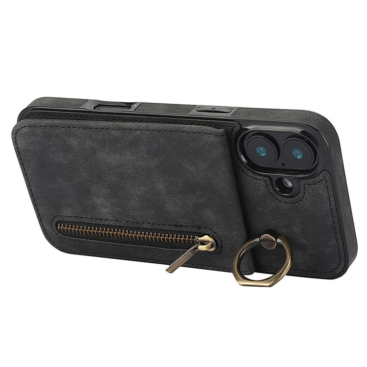 For iPhone 16 Plus Case RFID Blocking Ring Kickstand Retro Leather+TPU Anti-Fall Phone Cover