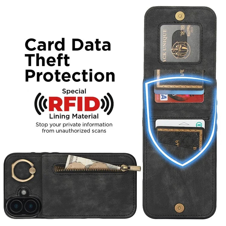For iPhone 16 Plus Case RFID Blocking Ring Kickstand Retro Leather+TPU Anti-Fall Phone Cover