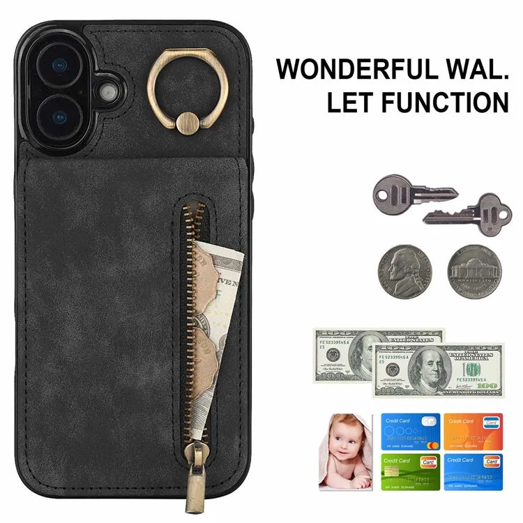 For iPhone 16 Plus Case RFID Blocking Ring Kickstand Retro Leather+TPU Anti-Fall Phone Cover