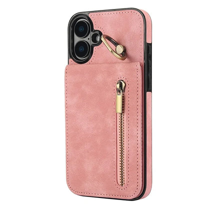 For iPhone 16 Plus Case RFID Blocking Ring Kickstand Retro Leather+TPU Anti-Fall Phone Cover