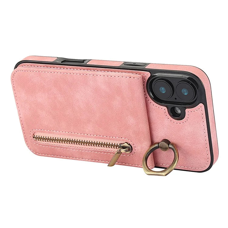 For iPhone 16 Plus Case RFID Blocking Ring Kickstand Retro Leather+TPU Anti-Fall Phone Cover