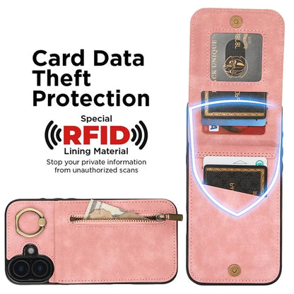 For iPhone 16 Plus Case RFID Blocking Ring Kickstand Retro Leather+TPU Anti-Fall Phone Cover