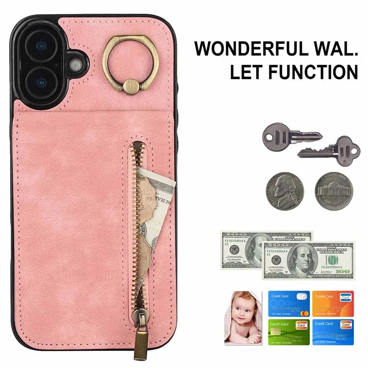 For iPhone 16 Plus Case RFID Blocking Ring Kickstand Retro Leather+TPU Anti-Fall Phone Cover