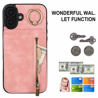 For iPhone 16 Plus Case RFID Blocking Ring Kickstand Retro Leather+TPU Anti-Fall Phone Cover