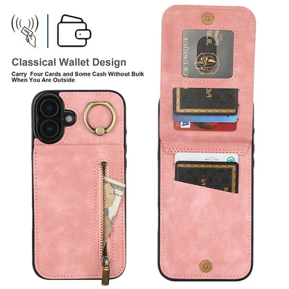 For iPhone 16 Plus Case RFID Blocking Ring Kickstand Retro Leather+TPU Anti-Fall Phone Cover
