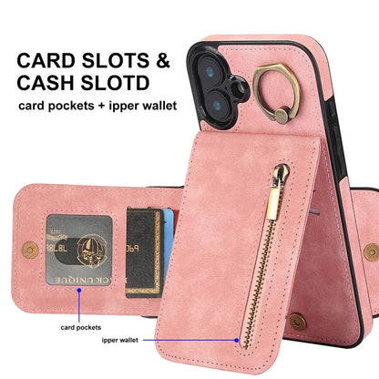 For iPhone 16 Plus Case RFID Blocking Ring Kickstand Retro Leather+TPU Anti-Fall Phone Cover