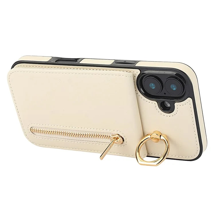 For iPhone 16 Plus Case RFID Blocking Ring Kickstand Retro Leather+TPU Anti-Fall Phone Cover