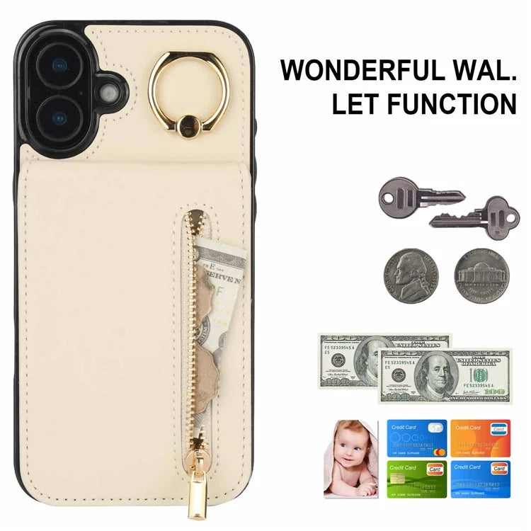 For iPhone 16 Plus Case RFID Blocking Ring Kickstand Retro Leather+TPU Anti-Fall Phone Cover