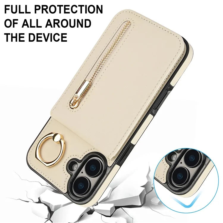 For iPhone 16 Plus Case RFID Blocking Ring Kickstand Retro Leather+TPU Anti-Fall Phone Cover