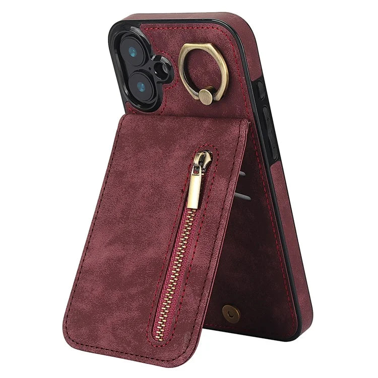 For iPhone 16 Plus Case RFID Blocking Ring Kickstand Retro Leather+TPU Anti-Fall Phone Cover