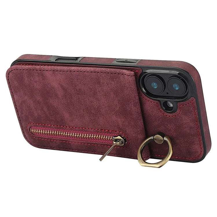 For iPhone 16 Plus Case RFID Blocking Ring Kickstand Retro Leather+TPU Anti-Fall Phone Cover