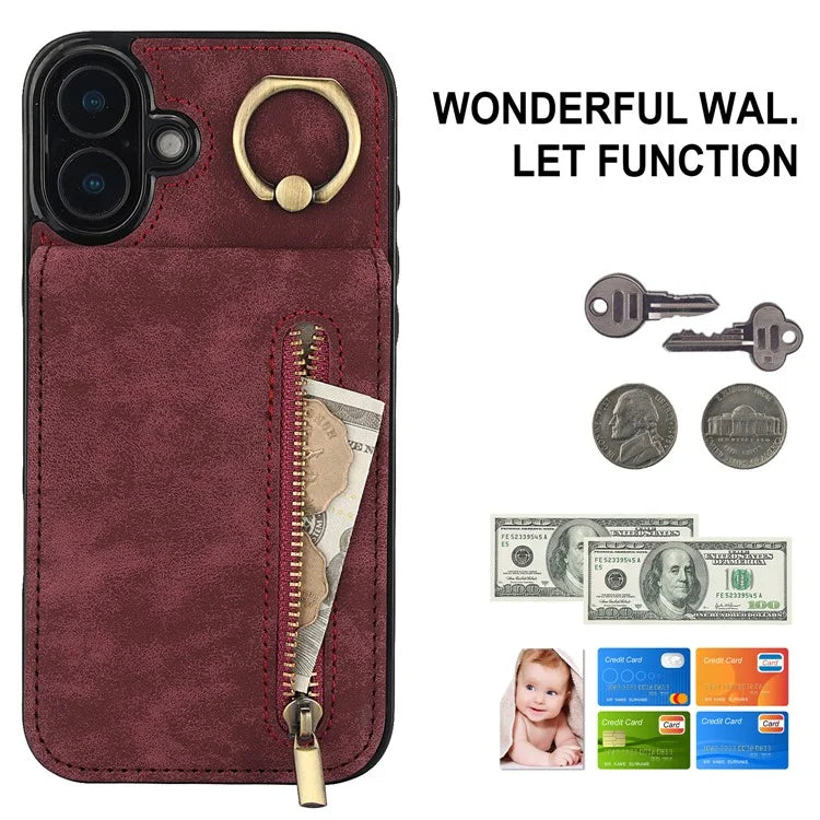 For iPhone 16 Plus Case RFID Blocking Ring Kickstand Retro Leather+TPU Anti-Fall Phone Cover