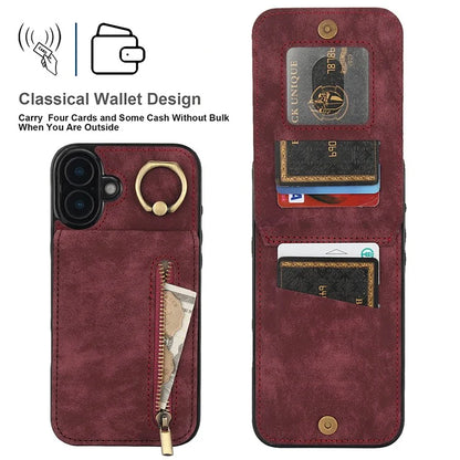 For iPhone 16 Plus Case RFID Blocking Ring Kickstand Retro Leather+TPU Anti-Fall Phone Cover