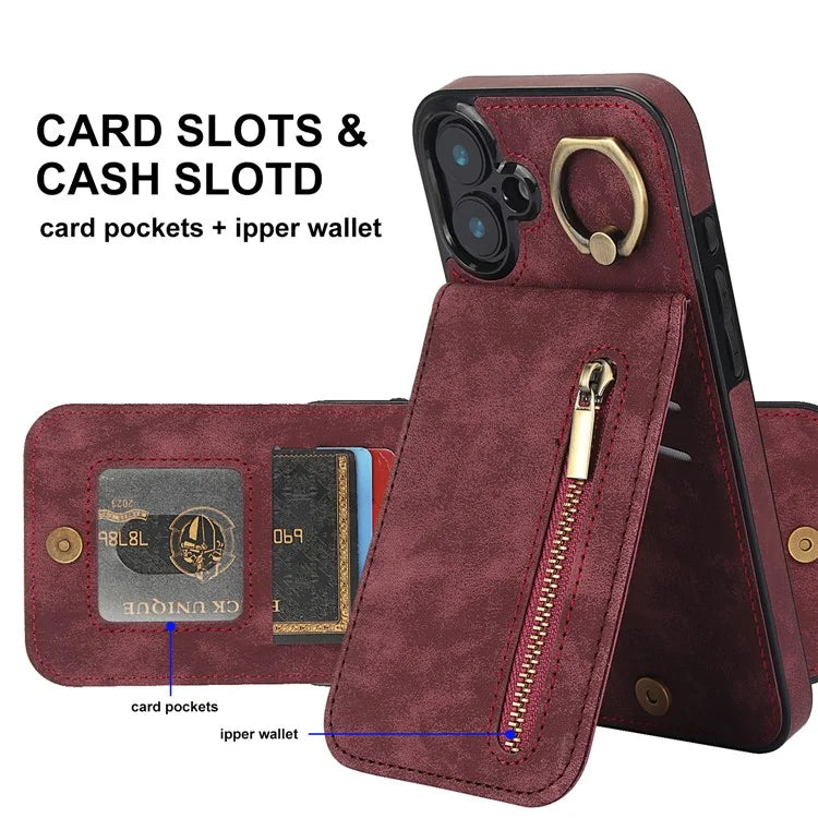 For iPhone 16 Plus Case RFID Blocking Ring Kickstand Retro Leather+TPU Anti-Fall Phone Cover