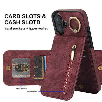 For iPhone 16 Plus Case RFID Blocking Ring Kickstand Retro Leather+TPU Anti-Fall Phone Cover