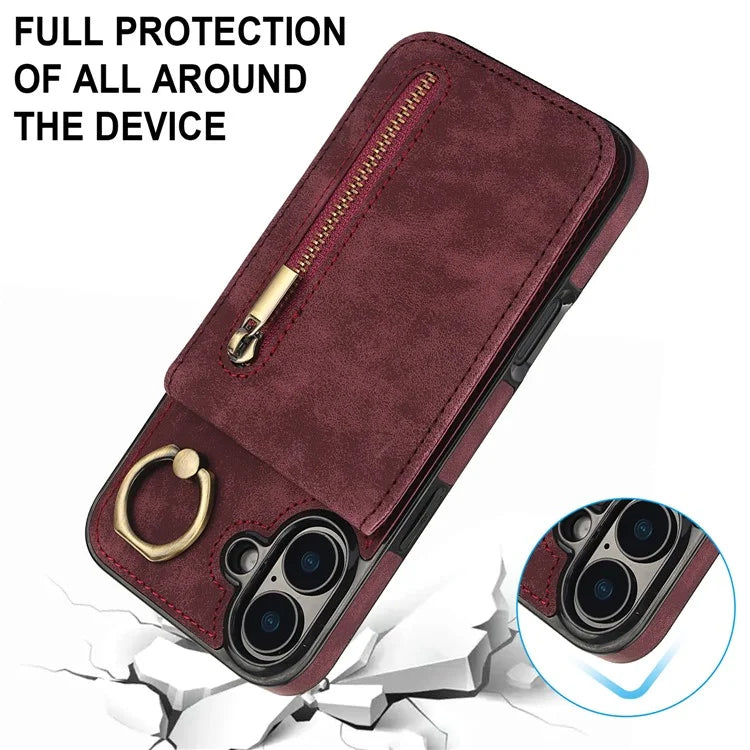 For iPhone 16 Plus Case RFID Blocking Ring Kickstand Retro Leather+TPU Anti-Fall Phone Cover