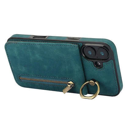 For iPhone 16 Plus Case RFID Blocking Ring Kickstand Retro Leather+TPU Anti-Fall Phone Cover