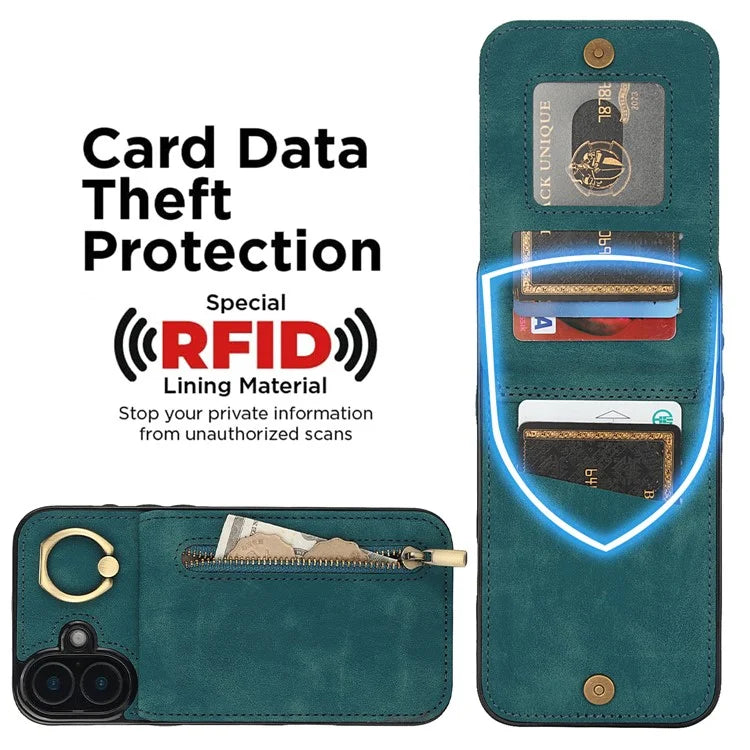 For iPhone 16 Plus Case RFID Blocking Ring Kickstand Retro Leather+TPU Anti-Fall Phone Cover